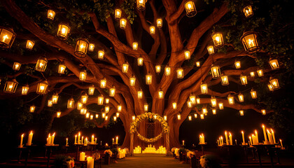 Obraz premium Night wedding ceremony with a lot of vintage lamps and candles on big tree , with white tonespng