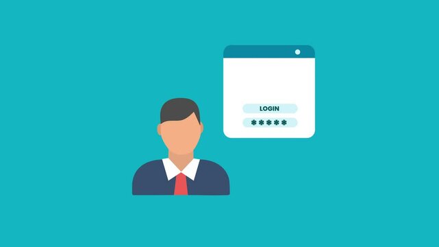 Animation of a businessman interacting with a login form on a digital interface