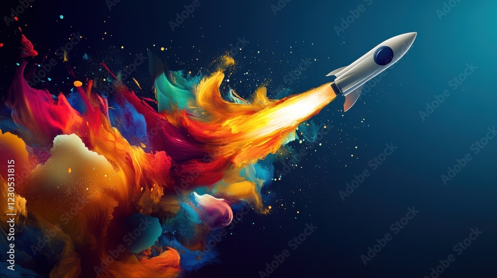 Poster a creative abstract representation of rocket launching from stack of ideas, symbolizing innovation a