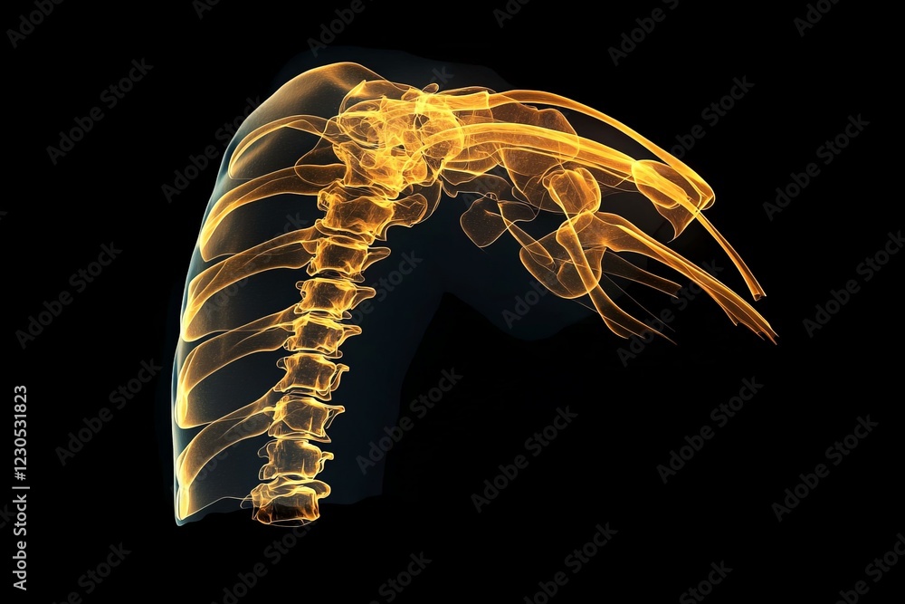 Poster glowing skeletal structure illustrating the human spine and shoulder in intricate detail