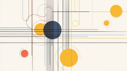 Abstract geometric art with lines, circles, and dots in yellow, orange, blue, and gray on a beige background.