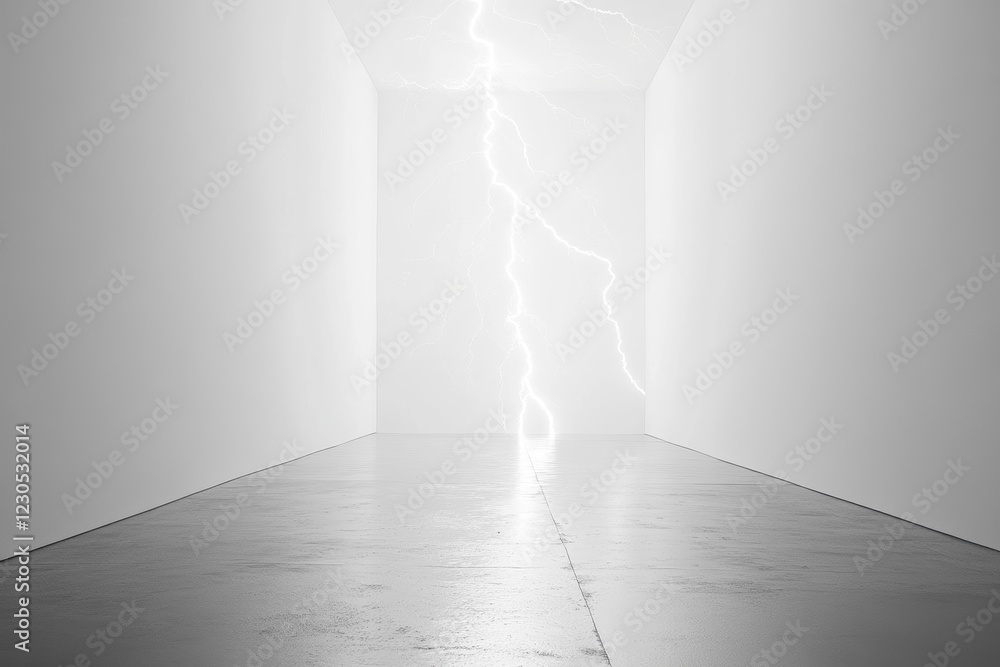 Poster a white room with a lightning bolt in the middle. the room is empty and the lightning bolt is the on