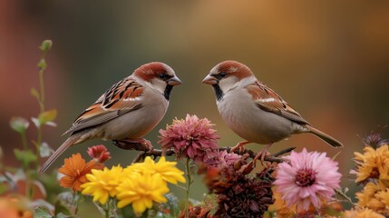 Fototapeta premium Two adorable sparrows perched among vibrant flowers, creating a picturesque scene that reflects the beauty of nature and the harmony between wildlife and flora.