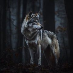 Obraz premium A wolf stands in a forest, looking at the camera. The image has a moody and mysterious feel, as the wolf is the only visible creature in the scene. The darkness of the forest