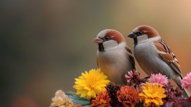 A captivating image of two sparrows perched on a rich display of colorful flowers, embodying the energy and beauty of nature in a harmonious coexistence.