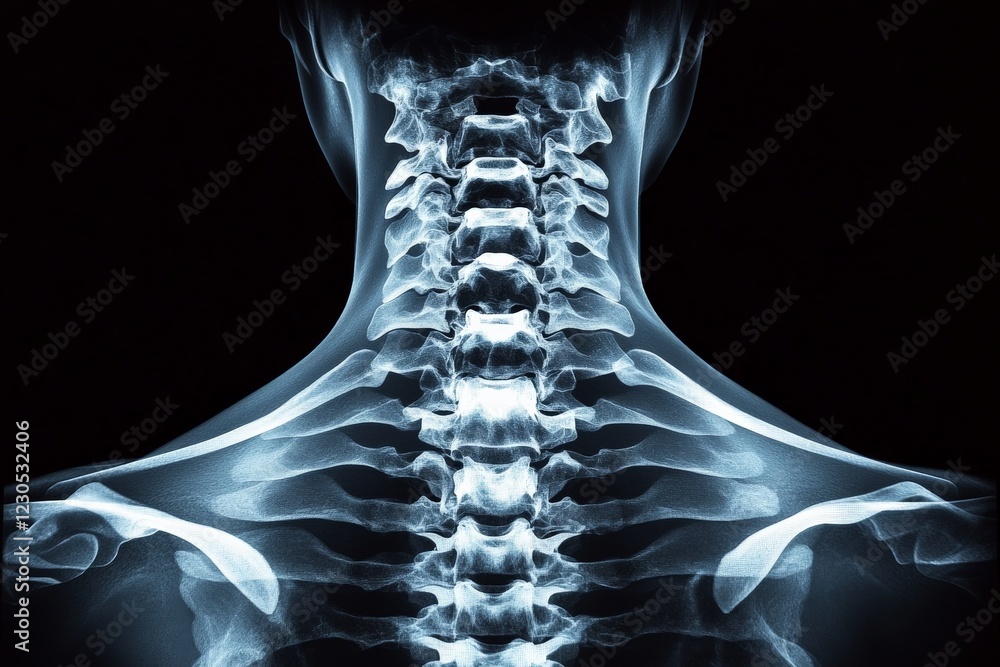 Poster Detailed view of human spine in an x-ray image showcasing vertebrae and overall skeletal structure