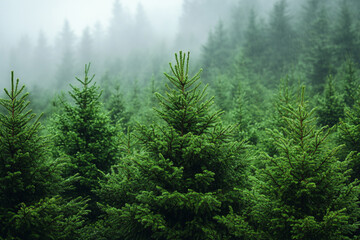 Fototapeta premium Rain falls on a dense evergreen forest of young trees