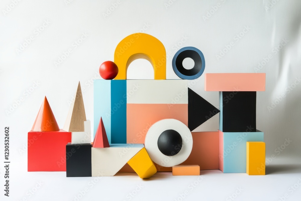 Poster vibrant geometric shapes and blocks arranged in an abstract composition, perfect for modern art and 