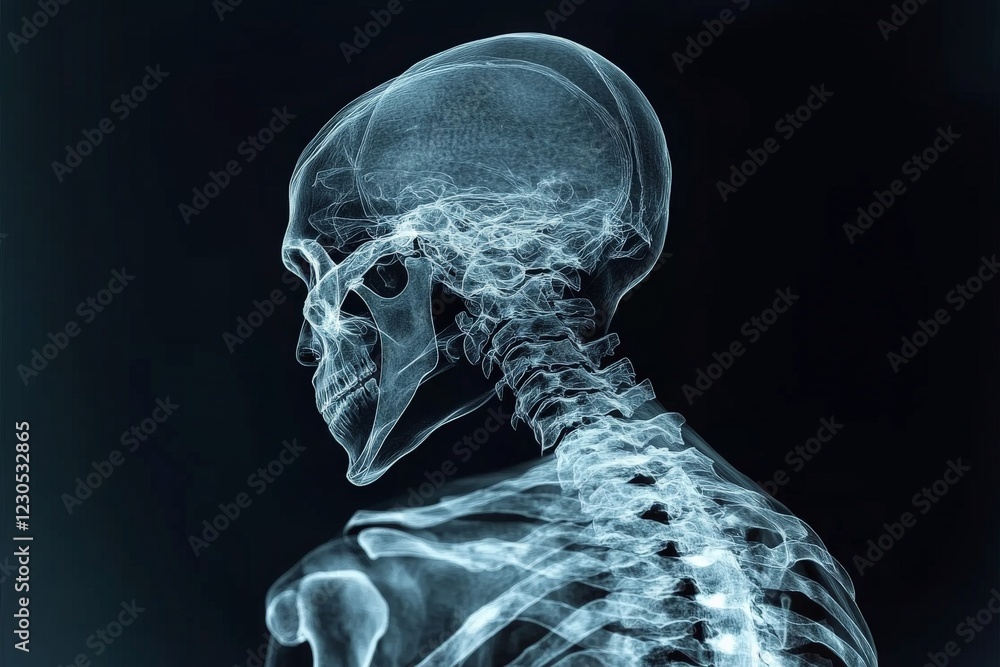 Poster x-ray of human skeleton showing the detailed structure of the skull and spine from a side angle