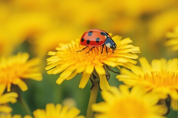 Fototapeta premium Ladybug on Yellow Dandelion