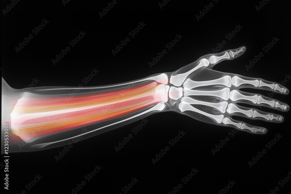 Poster detailed illustration of a human arm with highlighted muscle and bone structures in a dark backgroun