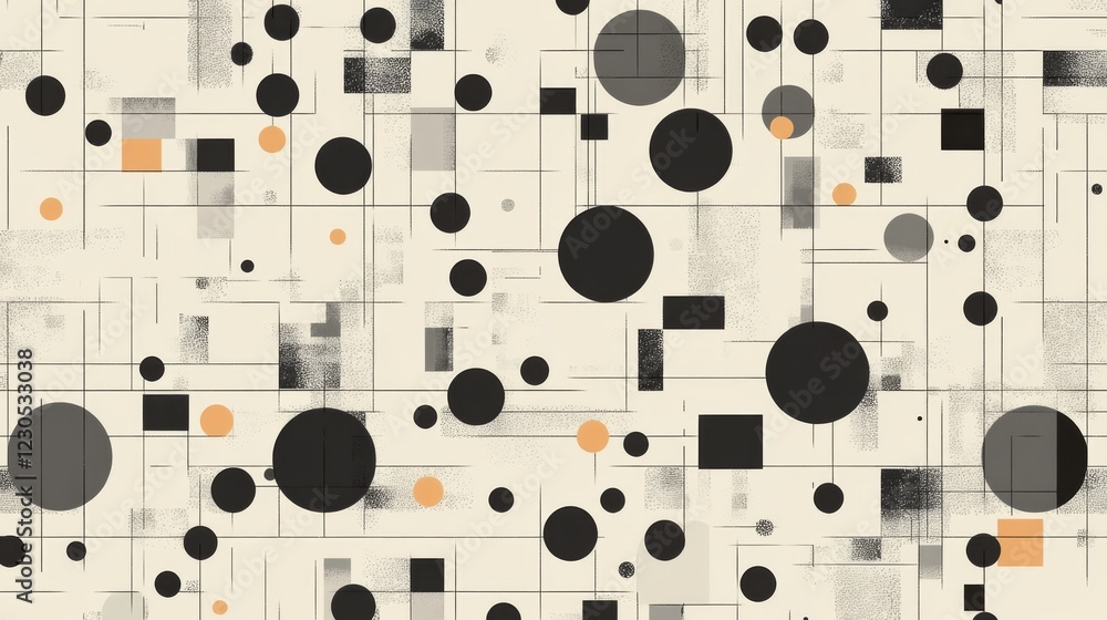 Poster abstract geometric pattern with circles, squares, and lines on a beige background.