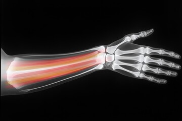 Detailed illustration of a human arm with highlighted muscle and bone structures in a dark background