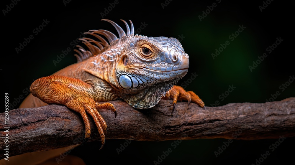 Poster a close-up image of a vibrant iguana resting on a branch, showcasing its brilliant colors and unique