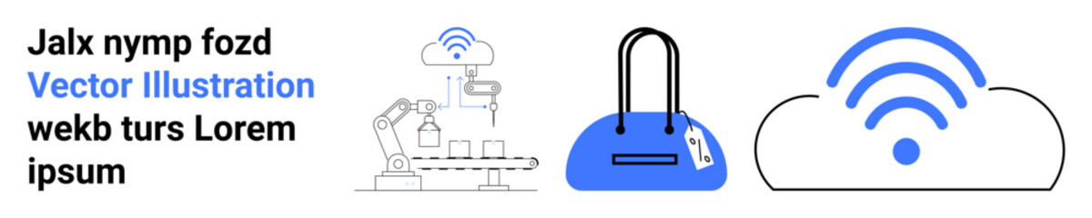 Industrial robot arm assembly linked to a cloud, a smart handbag with connectivity features, and a blue cloud with a wireless signal. Ideal for tech innovation, AI, IoT, smart devices, digital