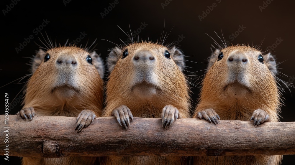 Poster this captivating image showcases three capybaras perched on a log, highlighting their inquisitive na
