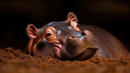 Obraz premium An engaging moment captured of a hippo resting in its natural habitat, showcasing its unique features and the serene environment that envelops this majestic creature.