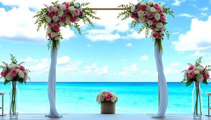 Elegant wedding arch with fresh flowers, vases on background of ocean and blue sky , with white tonespng