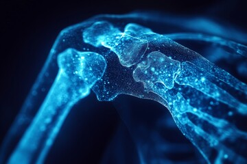 Visual representation of a human shoulder joint using high-tech imaging techniques demonstrating intricate bone structures