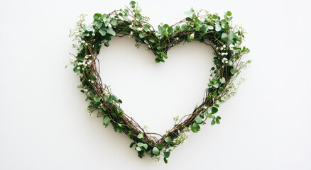 Heart-shaped wreath made of green vines and delicate flowers ideal for decoration in a cozy setting