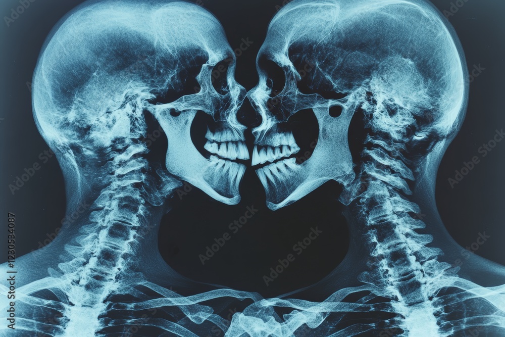 Aufkleber unique depiction of two human skulls in close contact highlighting the intricate structure of the sk