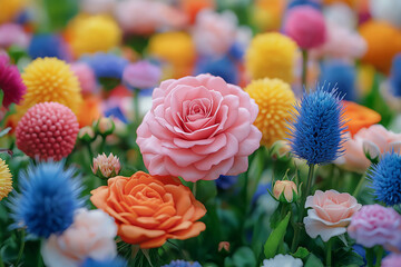 Vibrant Bouquet of Flowers Featuring Roses and Thistles in a Rainbow of Colors Including Pink, Orange, Red, Yellow, Purple, Green, Blue, and White. Generative AI