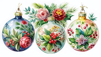Watercolor Christmas Ornament Set: Hand-painted Winter Bouquets for Festive Holiday Designs