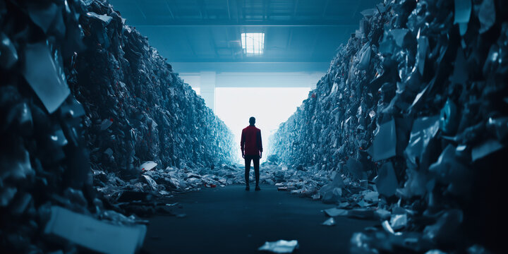 silhouette of man standing in waste processing facility, concept of pollution, overconsumption and environmental crisis