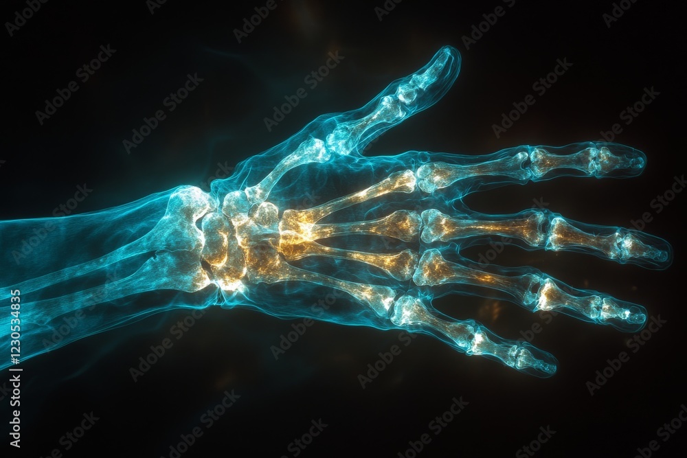 Poster X-ray image revealing detailed structure of a human hand with highlighting of the bones and joints