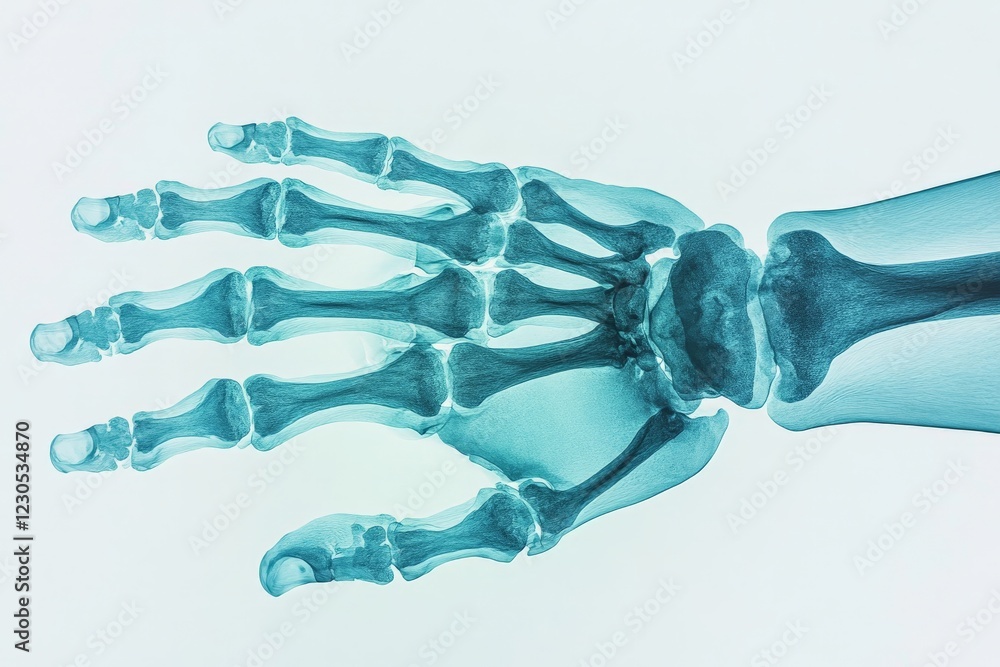Poster human skeletal hand in x-ray view showcasing detailed bone structure and joint articulation