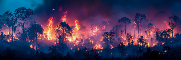 Fototapeta premium Nightfall Inferno: Burning Rainforest Panorama