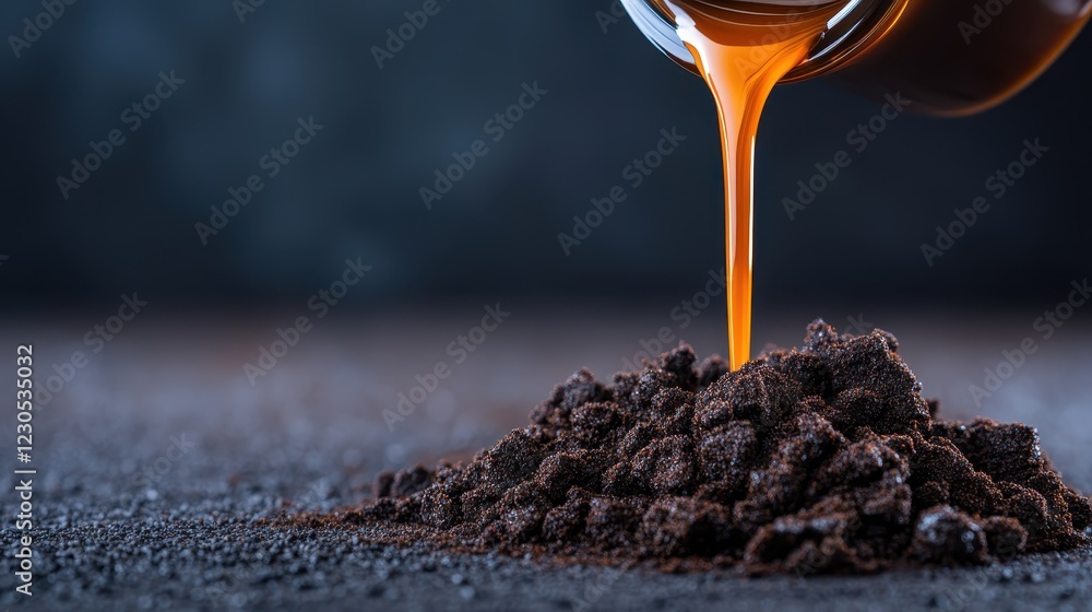 Poster an artistic capture of dark liquid gracefully pouring from a glass jar, creating an intriguing visua