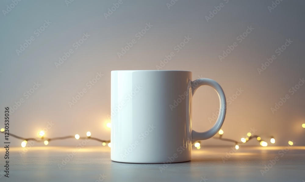 Poster a white coffee cup sits on a table with a string of lights behind it