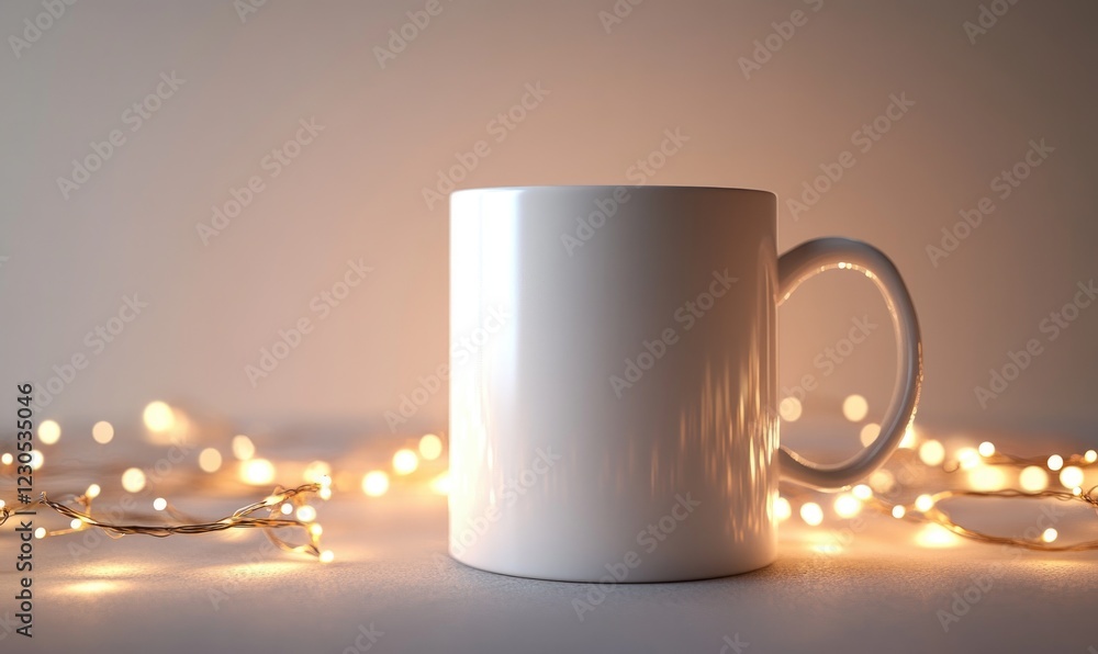 Poster a white coffee mug sits on a table with a string of lights