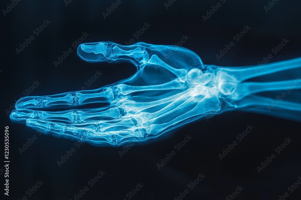 Poster x-ray image of a human hand showcasing bone structure and skeletal anatomy in clear detail