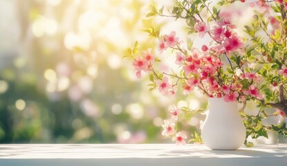 Springtime Blossoms in a White Vase: A Serene Garden Scene