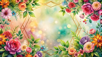Watercolor Floral Geometric Frame, Bokeh Background, Flower Border, Artistic Design, Botanical Illustration