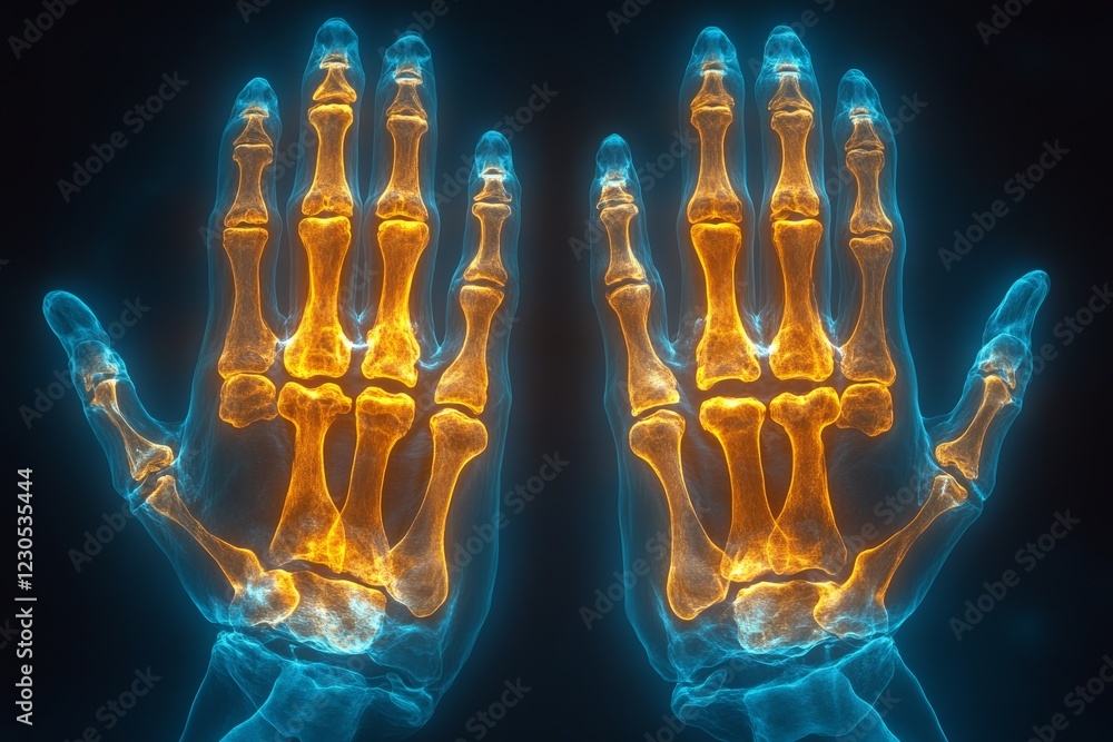 Poster X-ray of human hands demonstrating skeletal structure with highlighted bones in contrasting colors