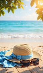 Straw hat with blue ribbon, sunglasses, and light blue scarf on wooden deck by the beach. Summer vacation and travel concept. Design for poster, banner, postcard, greeting card.