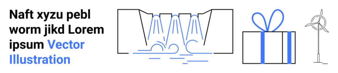Waterfall with flowing lines, wrapped gift box with blue bow, and wind turbine. Sample text on the left. Ideal for environmental themes, sustainability, renewable energy, nature, eco-friendly