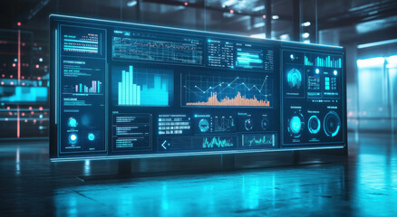 Fototapeta premium Real-time data displayed on a large digital screen in a modern control room environment