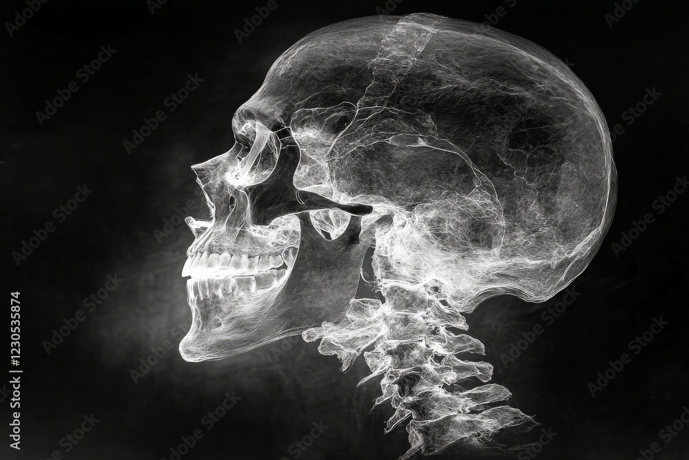 Poster Detailed x-ray view of a human skull highlighting bone structure and cervical spine alignment