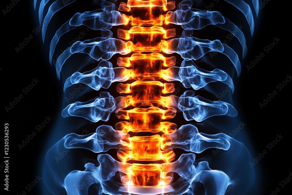 Poster visual representation of a human spine with glowing effects showcasing vertebrae and surrounding are