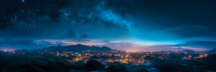 Naklejka premium Night scene of town nestled in mountains under starry sky