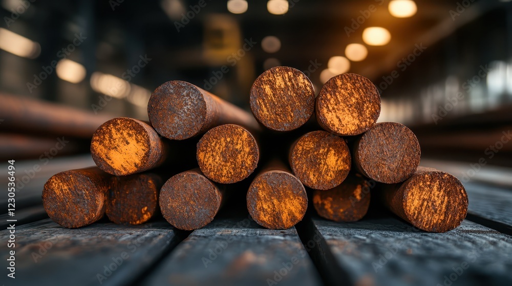 Poster this image features a stack of rusty metal bars arranged neatly on a textured wooden surface, highli