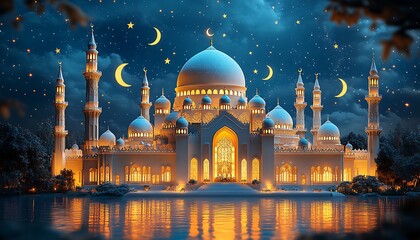 Illuminated Mosque by Lake at Night with Crescent Moons and Stars in the Sky

