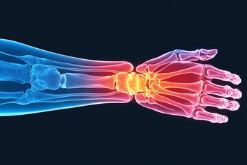 Visualization of human wrist anatomy highlighting bones and joints in contrasting colors for educational purposes
