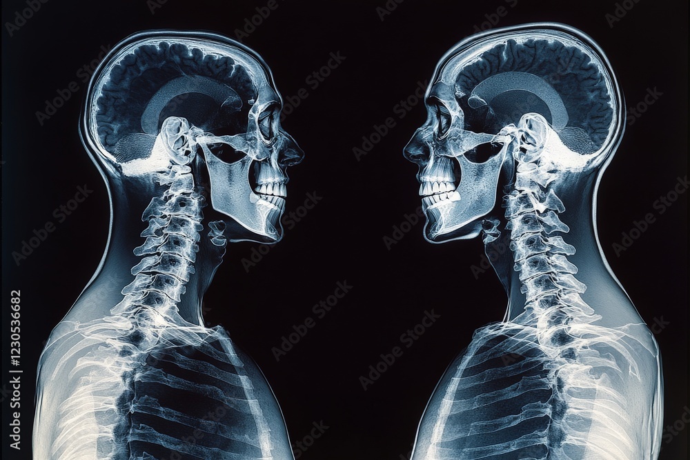 Poster Detailed anatomical comparison of two human skulls showing structure and alignment in a medical setting