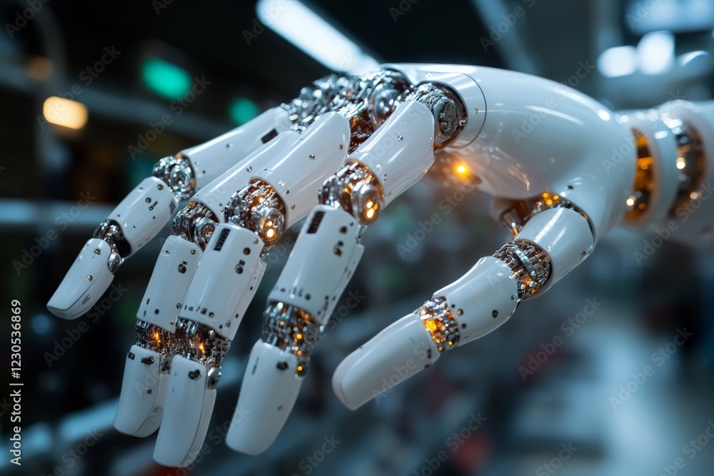 Poster robotic hand showcasing advanced technology and intricate design in a modern laboratory setting