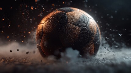 a photo realistic soccer ball as a planet in space with smoke and explosions, digital art